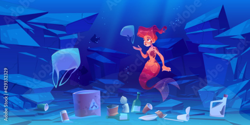 Cute mermaid on polluted ocean bottom with plastic trash and toxic waste. Underwater cartoon character pretty girl with red hair and fish tail swim in dirty sea water with garbage, Vector illustration