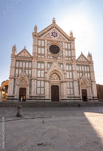Front view of basilica di santa croce and empty piazza di santa croce, a famous tourist attraction in Florence (Firenze), Italy