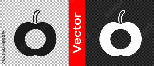 Black Peach fruit or nectarine with leaf icon isolated on transparent background. Vector