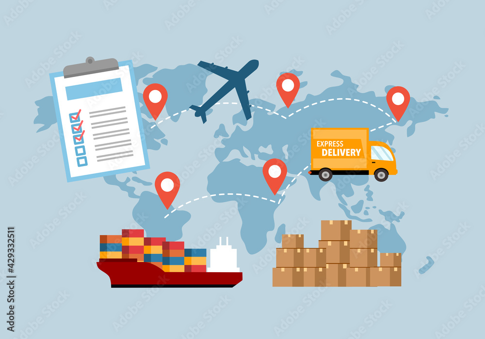 Online business global trading with express international shipping vector illustration. Package, airplane, delivery truck, ship and document in flat design. Online business global trading with express international shipping vector illustration. Package, airplane, delivery truck, ship and document in flat design.