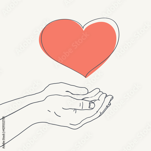 Heart in hands, vector illustration. Heart symbol in two abstract hands. Concept poster on aged paper background.