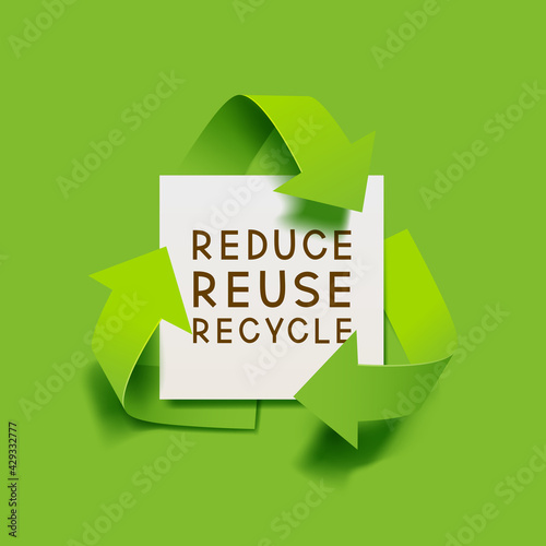 Vector green recycling symbol with paper banner and text reduce reuse recycle for eco aware design