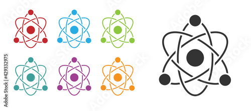 Black Atom icon isolated on white background. Symbol of science, education, nuclear physics, scientific research. Set icons colorful. Vector