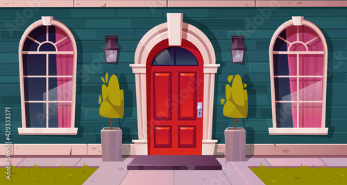 Luxury cottage house facade, home building exterior of green brick, red wooden arched door and curtained windows, lanterns over entrance, rug at doorstep with potted plants Cartoon vector illustration