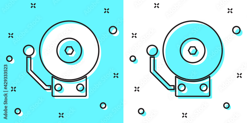 Black line Ringing alarm bell icon isolated on green and white background. Fire alarm system. Service bell, handbell sign, notification symbol. Random dynamic shapes. Vector Black line Ringing alarm bell icon isolated on green and white background. Fire alarm system. Service bell, handbell sign, notification symbol. Random dynamic shapes. Vector