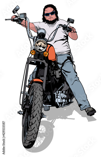Biker on Motorcycle Isolated on White Background - Colored Illustration, Vector