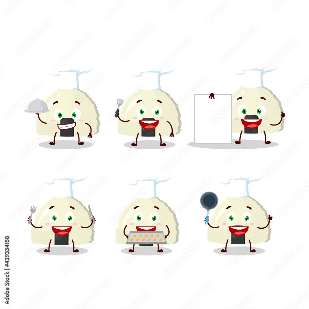 Cartoon character of onigiri with various chef emoticons