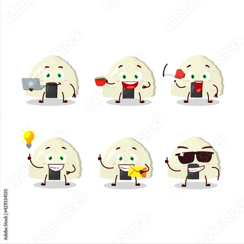 Onigiri cartoon character with various types of business emoticons
