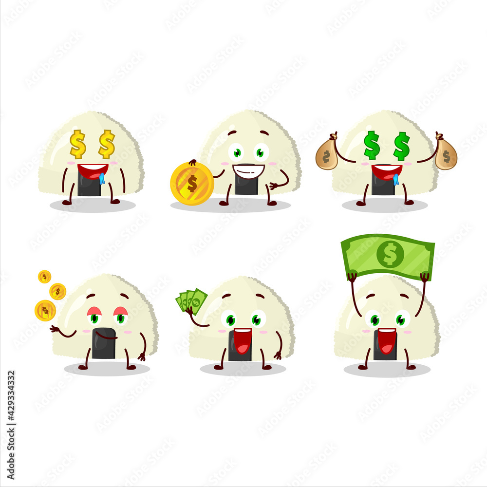 Onigiri cartoon character with cute emoticon bring money Onigiri cartoon character with cute emoticon bring money