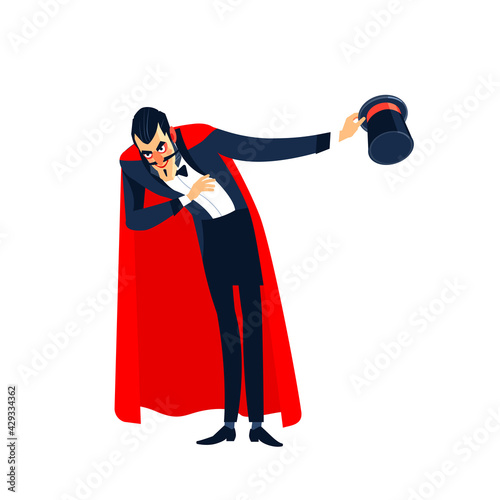 Circus entertainer, performer character in top hat and red cloak costume. Cartoon character vector man circus funfair carnival entertainer or announcer, showman in suit. Isolated on white background