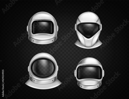 Astronaut helmets for space exploration and flight in cosmos. Cosmonaut mask with clear glass different shapes. Vector realistic set of white suit part for protection spaceman head