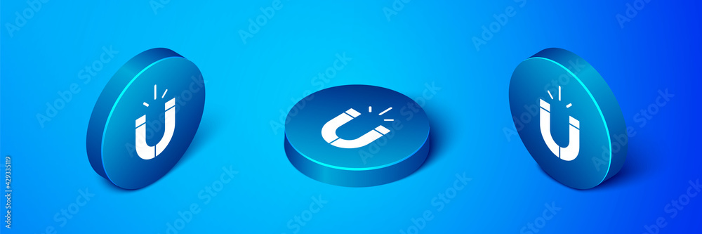 Isometric Magnet icon isolated on blue background. Horseshoe magnet, magnetism, magnetize, attraction. Blue circle button. Vector Isometric Magnet icon isolated on blue background. Horseshoe magnet, magnetism, magnetize, attraction. Blue circle button. Vector