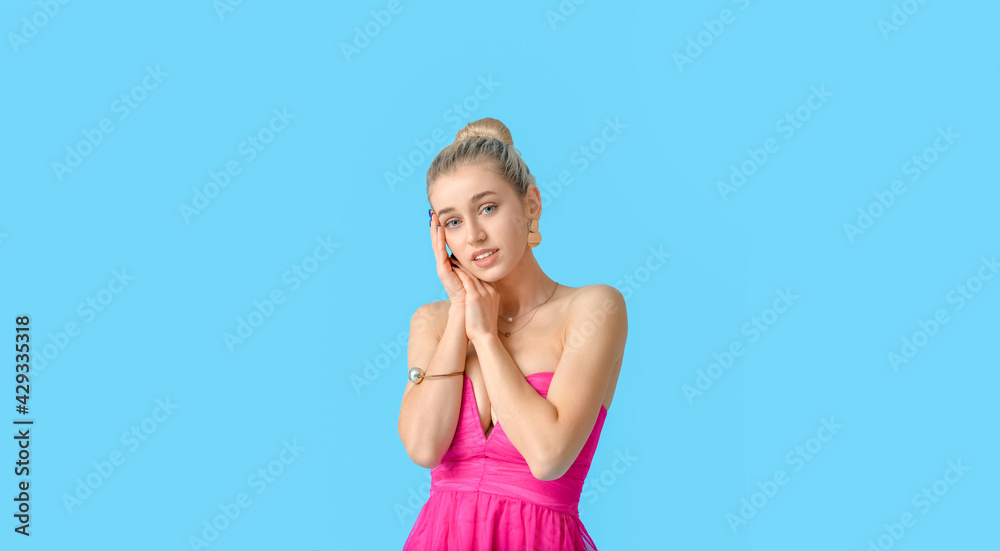 Fashionable young woman on color background Fashionable young woman on color background