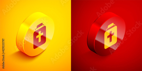 Isometric Funeral urn icon isolated on orange and red background. Cremation and burial containers, columbarium vases, jars and pots with ashes. Circle button. Vector