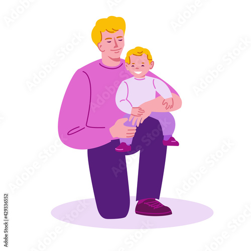 Father with a small child on his knee. Happy family.Vector illustration in flat cartoon style. Isolated on a white background.