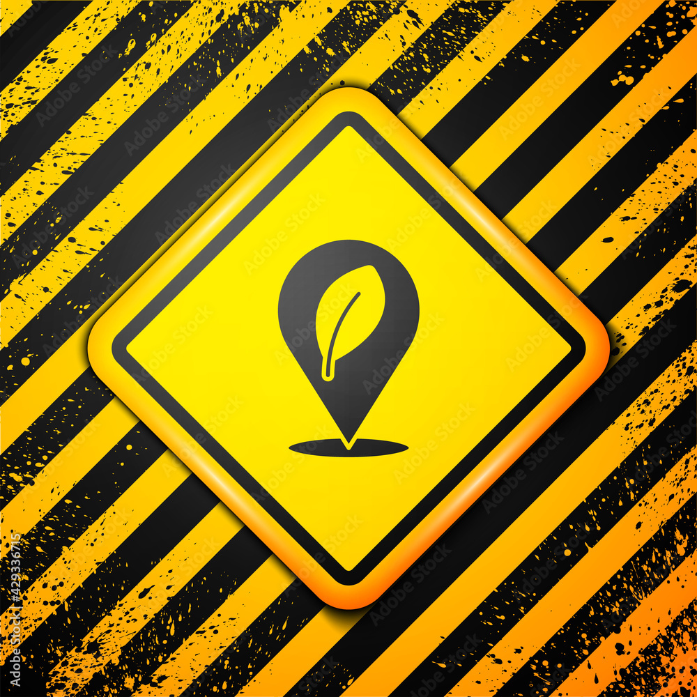 Black Location with leaf icon isolated on yellow background. Eco energy concept. Alternative energy concept. Warning sign. Vector Black Location with leaf icon isolated on yellow background. Eco energy concept. Alternative energy concept. Warning sign. Vector