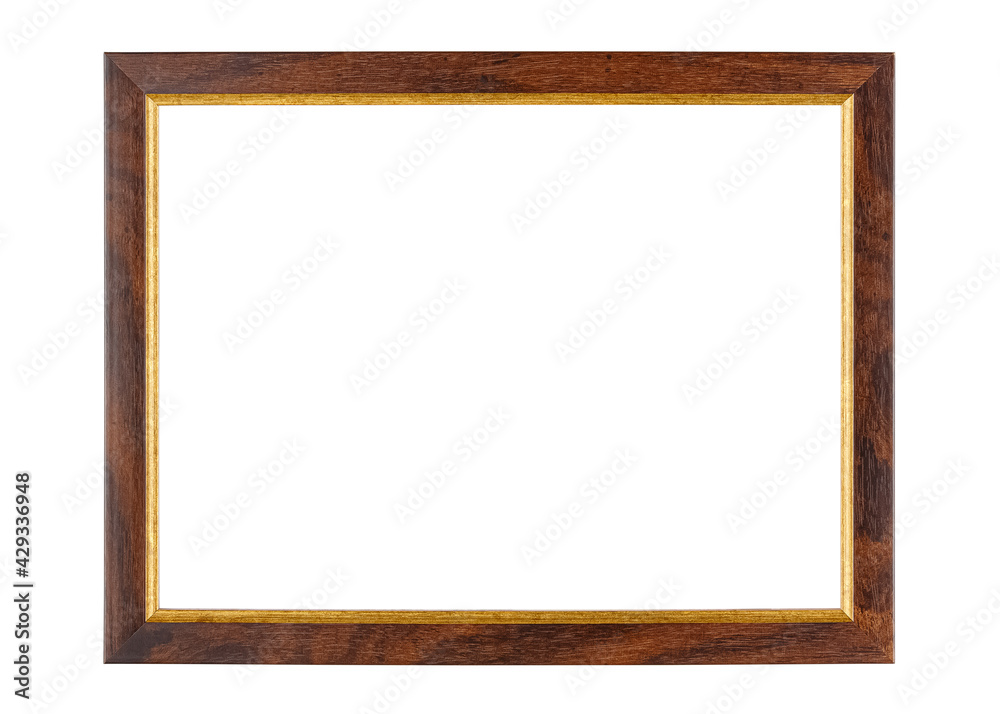 Empty dark brown wooden photo frame with golden border isolated on white background Empty dark brown wooden photo frame with golden border isolated on white background
