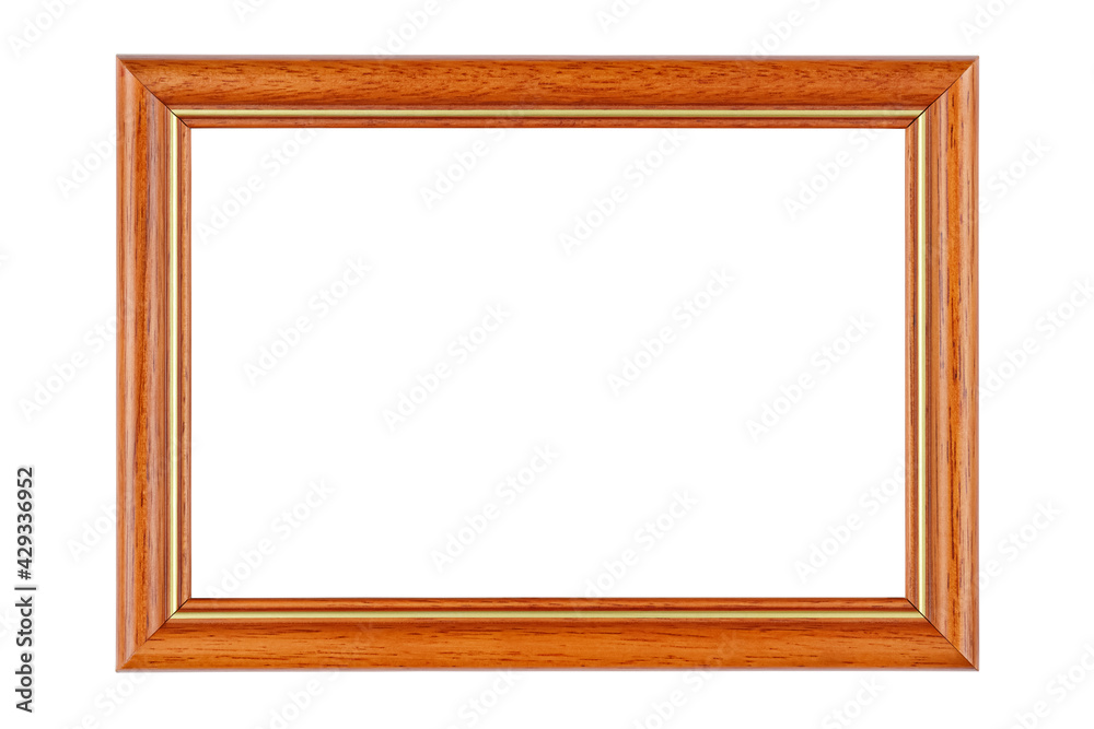 Empty varnished bright brown wooden photo frame with golden border isolated on white background