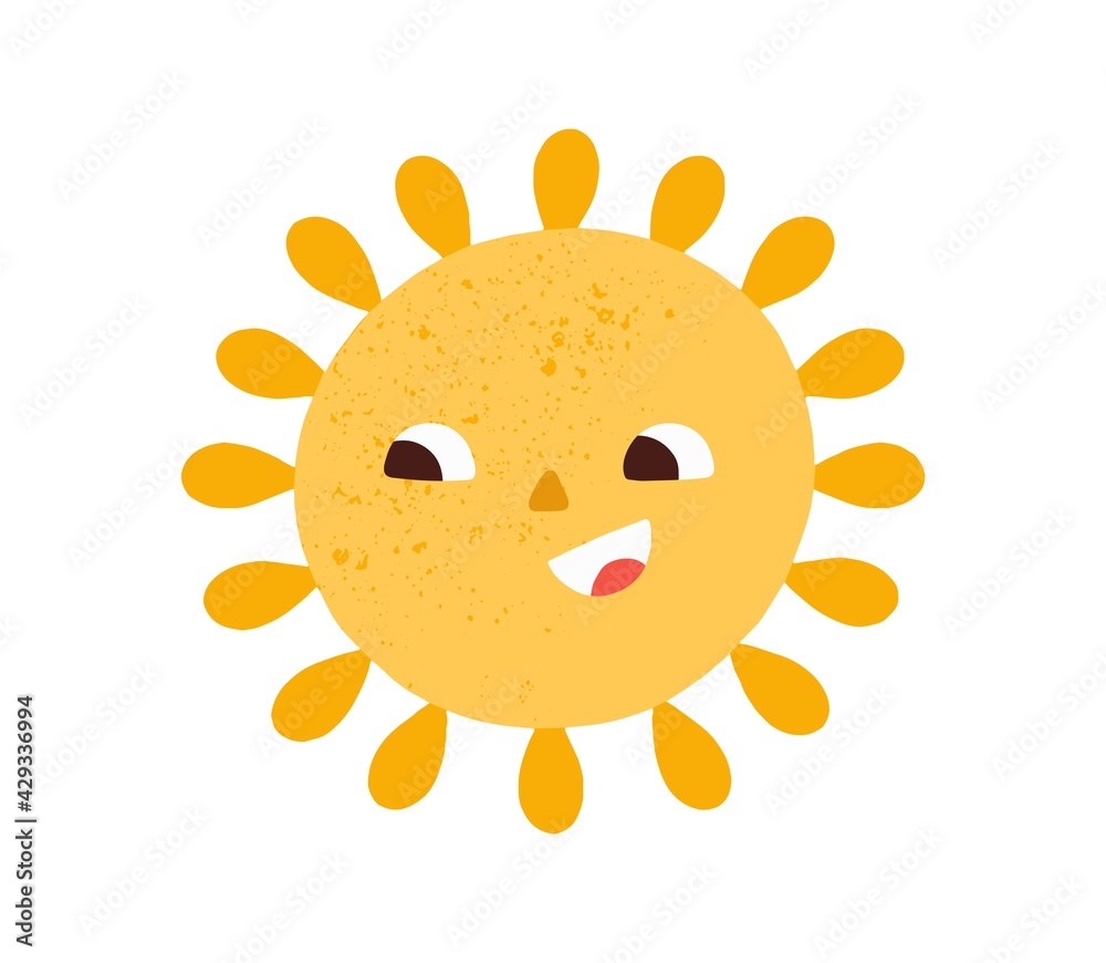 Happy smiling cute sun. Hot summer sunny weather icon. Childish Scandinavian doodle drawing. Positive character. Children's colored flat graphic vector illustration isolated on white background