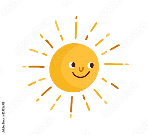 Cute happy smiling sun with rays. Childish drawing in Scandinavian style. Hot...