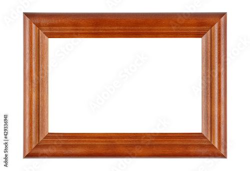 Empty varnished brown wooden photo frame isolated on white background