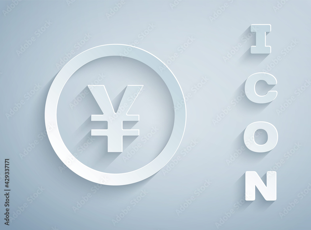 Obraz premium Paper cut Chinese Yuan currency symbol icon isolated on grey background. Coin money. Banking currency sign. Cash symbol. Paper art style. Vector
