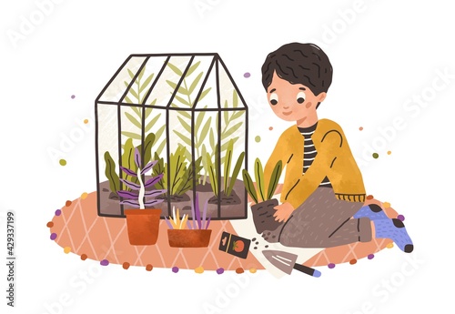 Boy growing green plants in pots and care about kitchen-garden. Happy smiling child and his greenhouse. Kid farmer at organic plantation. Colored flat vector illustration isolated on white background