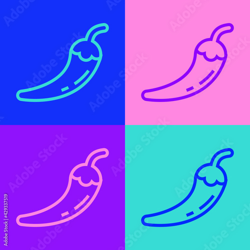 Pop art line Hot chili pepper pod icon isolated on color background. Design for grocery, culinary products, seasoning and spice package, cooking book. Vector