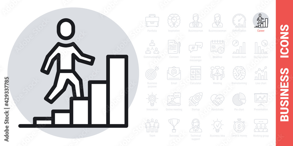 Career growth icon. Man walking up the stairs in the form of a growing chart. Simple black and white version from a series of business icons Career growth icon. Man walking up the stairs in the form of a growing chart. Simple black and white version from a series of business icons