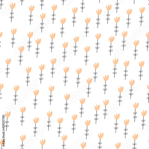 Floral seamless vector pattern with small yellow flowers. Spring tulips. Simple hand-drawn kids style. Pretty ditsy for fabric, textile, wallpaper. Digital paper in white background