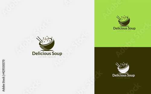 Hot soup logo with chopstick delicious food logo design, soup in a bowl. 