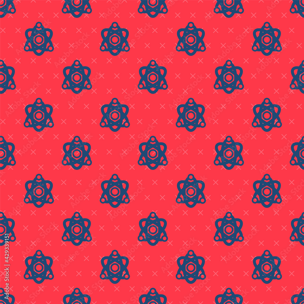 Fototapeta premium Blue line Atom icon isolated seamless pattern on red background. Symbol of science, education, nuclear physics, scientific research. Vector