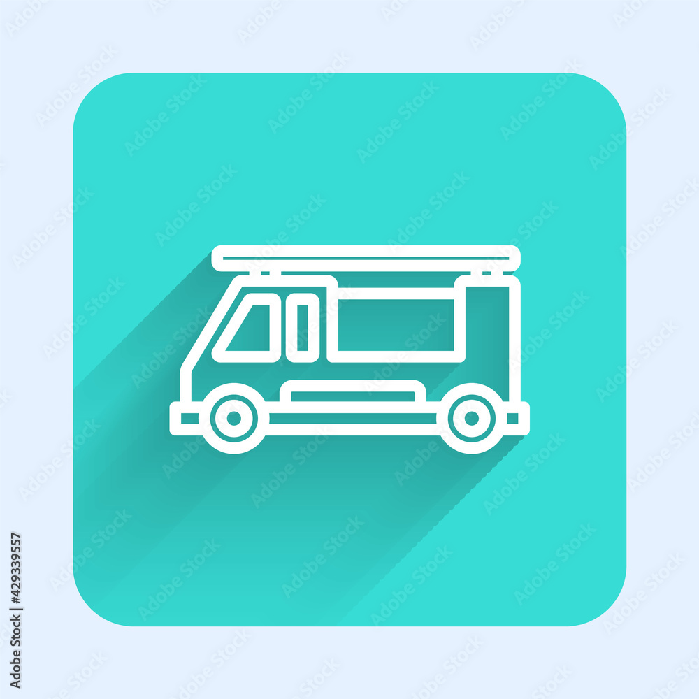 White line Fire truck icon isolated with long shadow. Fire engine. Firefighters emergency vehicle. Green square button. Vector White line Fire truck icon isolated with long shadow. Fire engine. Firefighters emergency vehicle. Green square button. Vector