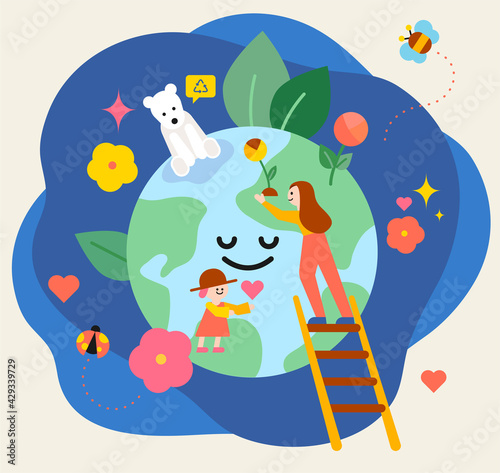 People, flowers and leaves that protect the planet. flat design style minimal vector illustration.