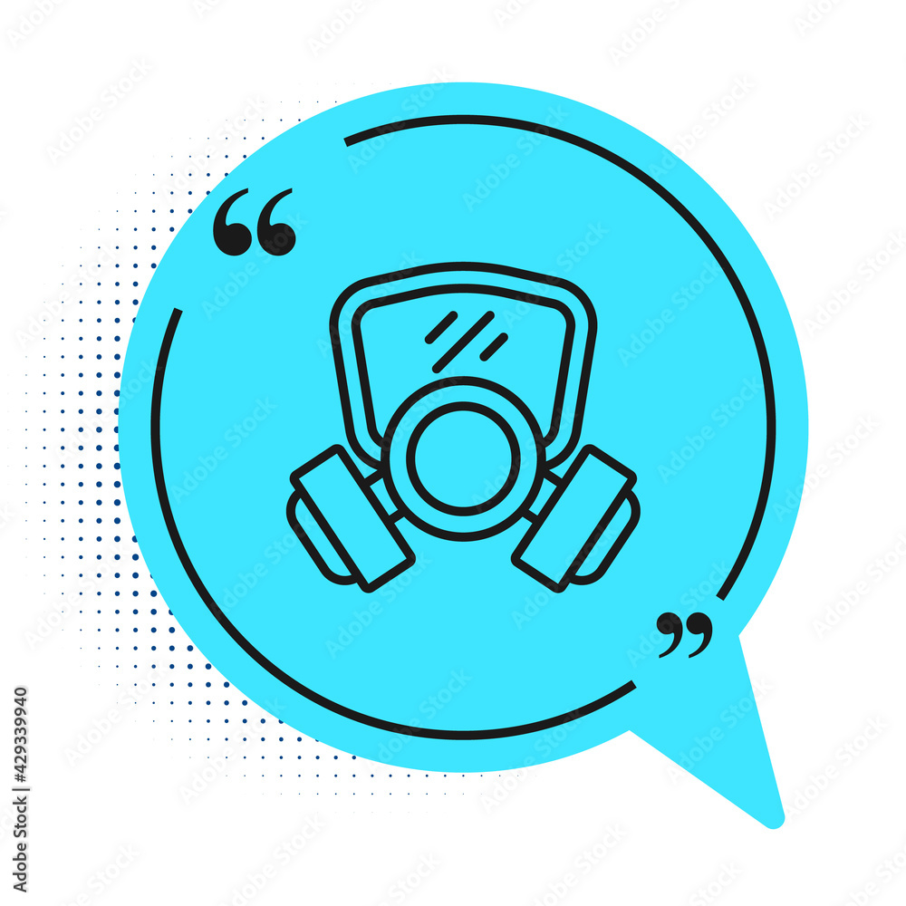 Black line Gas mask icon isolated on white background. Respirator sign. Blue speech bubble symbol. Vector Black line Gas mask icon isolated on white background. Respirator sign. Blue speech bubble symbol. Vector
