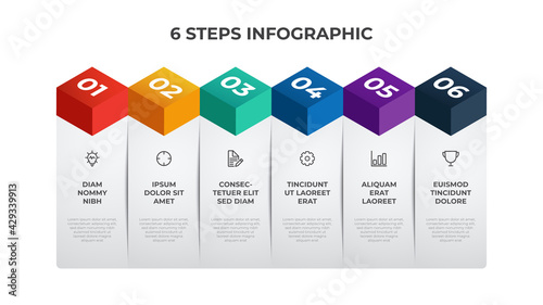 6 list of steps, column layout table diagram with number sequence, infographic element template vector