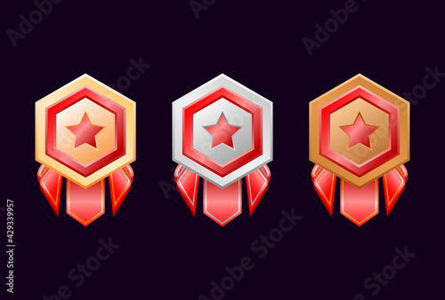 game ui gold, silver, bronze rank badge medals with red ribbon