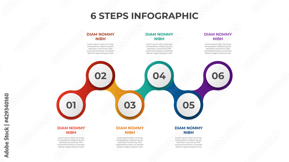 6 points of steps, connected circle diagram with number of sequence, infographic element template vector