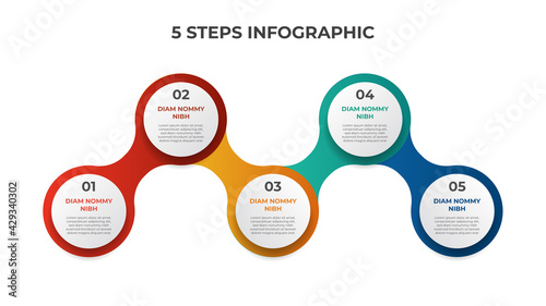 5 points of steps, connected circle list diagram with number of sequence, infographic element template vector