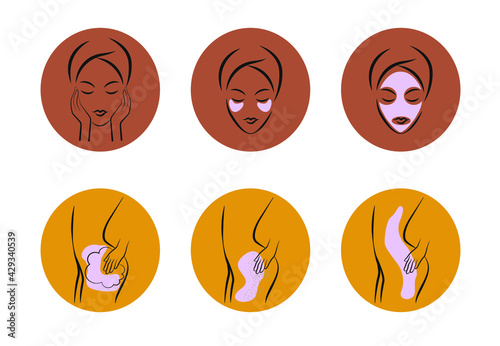 Set of daily beauty procedures outline icons on round colored background. 3 skin care and 3 body care images. Routines like shower, lathering, scrubbing, face mask, patches, moisturize skin.