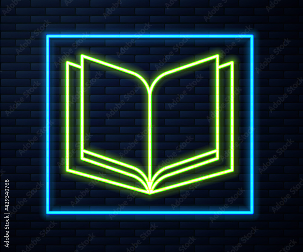 Glowing neon line Open book icon isolated on brick wall background. Vector