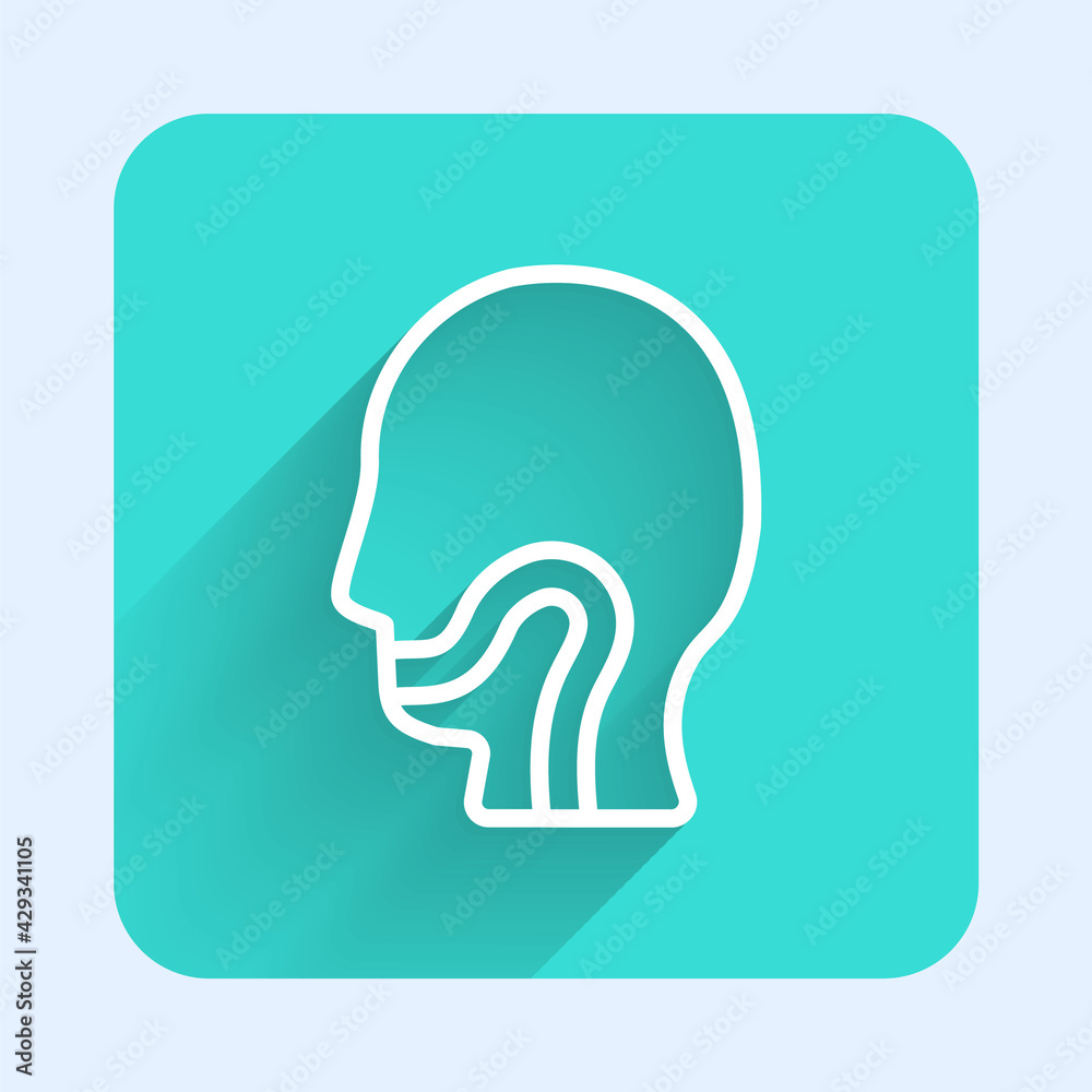 White line Sore throat icon isolated with long shadow. Pain in throat. Flu, grippe, influenza, angina. Healthcare and medical. Green square button. Vector White line Sore throat icon isolated with long shadow. Pain in throat. Flu, grippe, influenza, angina. Healthcare and medical. Green square button. Vector