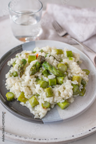 Spring food; Delicious risotto with asparagus and wild garlic