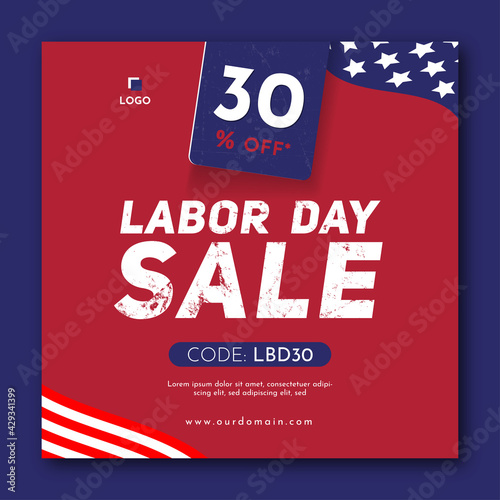Labor day sale banner template. Offer for web, ad and social media marketing with national colors of american flag and stars pattern.