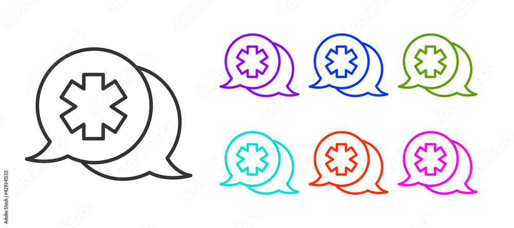 Black line Dialogue with the doctor icon isolated on white background. Doctor and patient dialog. Consulting about medical health services. Set icons colorful. Vector Black line Dialogue with the doctor icon isolated on white background. Doctor and patient dialog. Consulting about medical health services. Set icons colorful. Vector