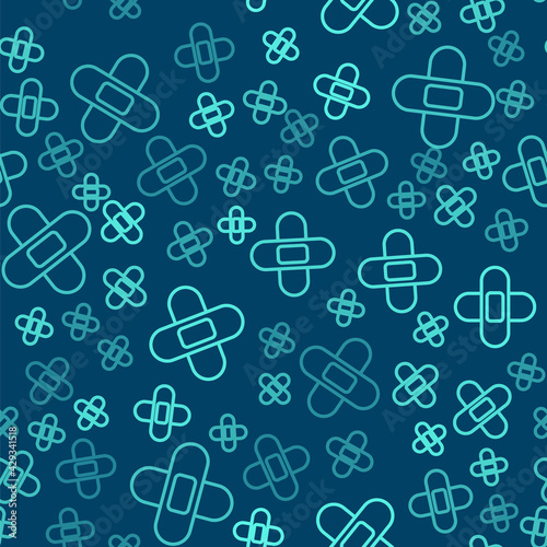 Green line Crossed bandage plaster icon isolated seamless pattern on blue background. Medical plaster, adhesive bandage, flexible fabric bandage. Vector