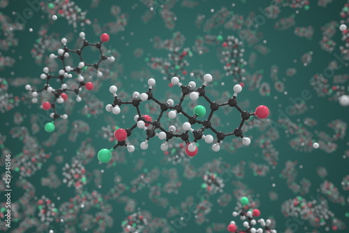 Clobetasone molecule made with balls, conceptual molecular model. Chemical 3d rendering