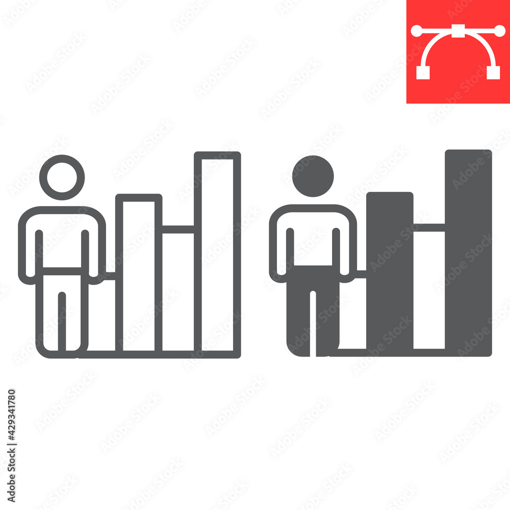 Performance review line and glyph icon, career and success, person with growth vector icon, vector graphics, editable stroke outline sign, eps 10