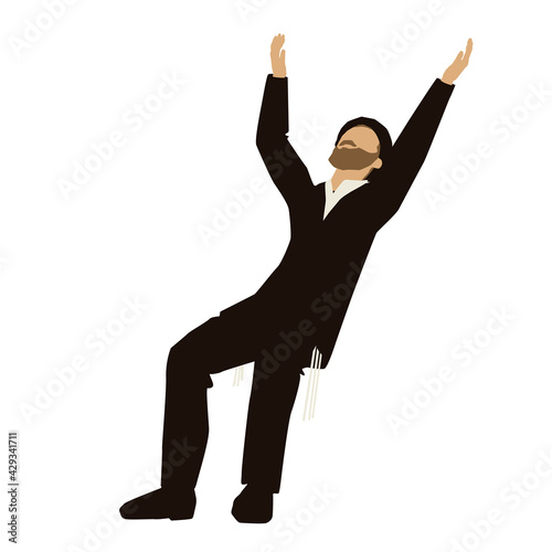 Drawing of a Hasidic Jew observant Orthodox lifting arms and looking skyward.
Vector drawing.
On a white background.