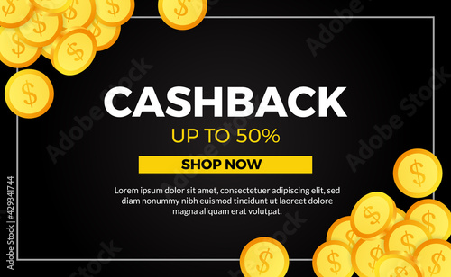 cashback promotion poster banner template with golden coin money for ecommerce with black background